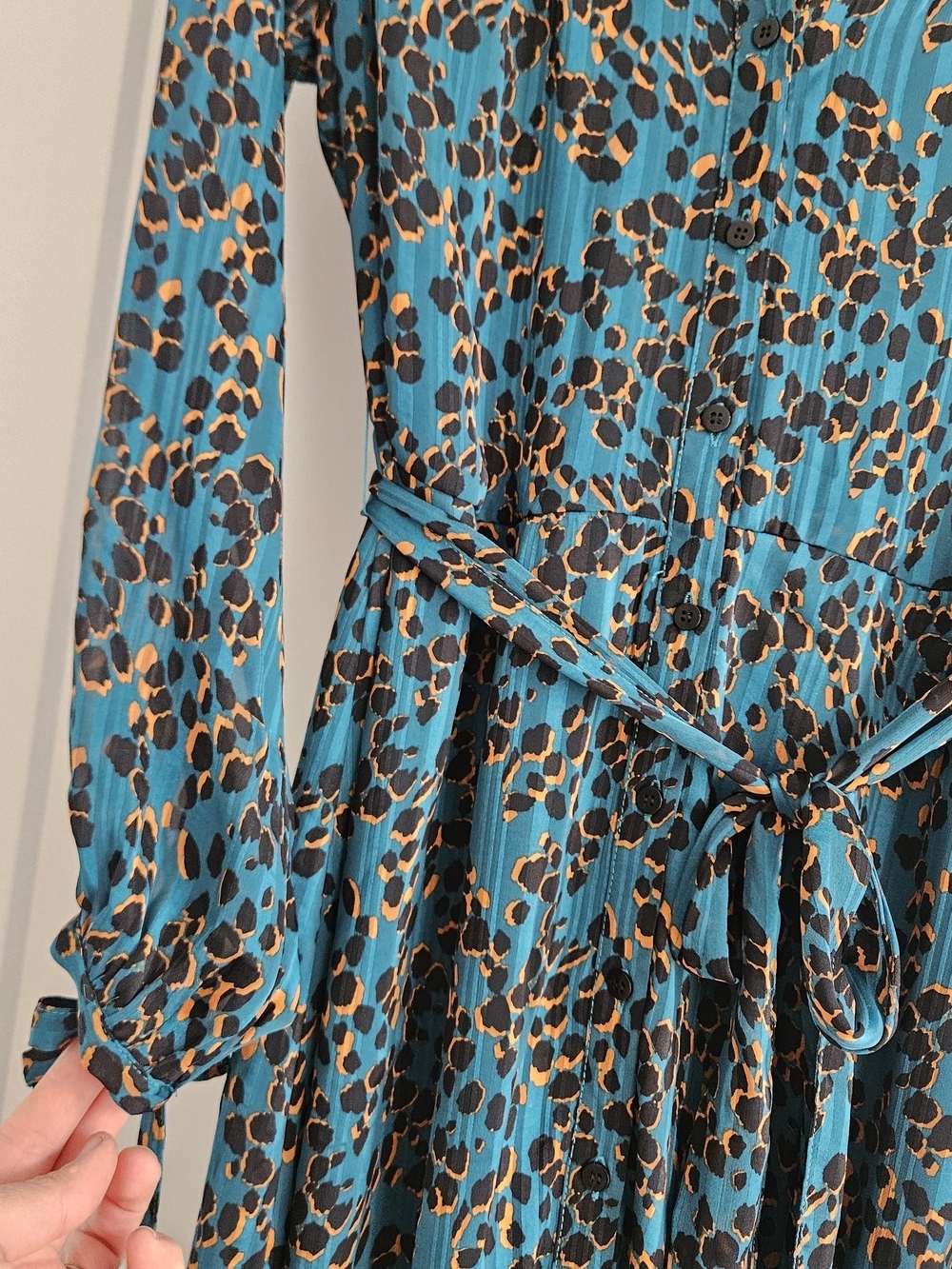 Teal Animal-Print Long Sleeve Midi Dress with Waist Tie Sz 10 - Picture 5 of 5